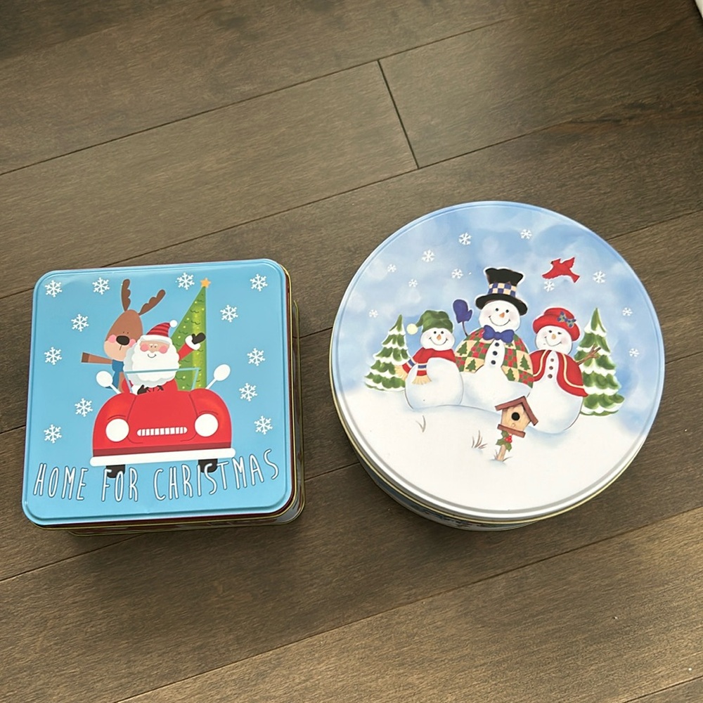 Christmas Winter Cookie Tins, Baking Storage Holiday Decor, Metal Snowman Santa